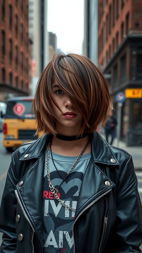 A person with an asymmetrical bob haircut, wearing a leather jacket and standing in a city street.