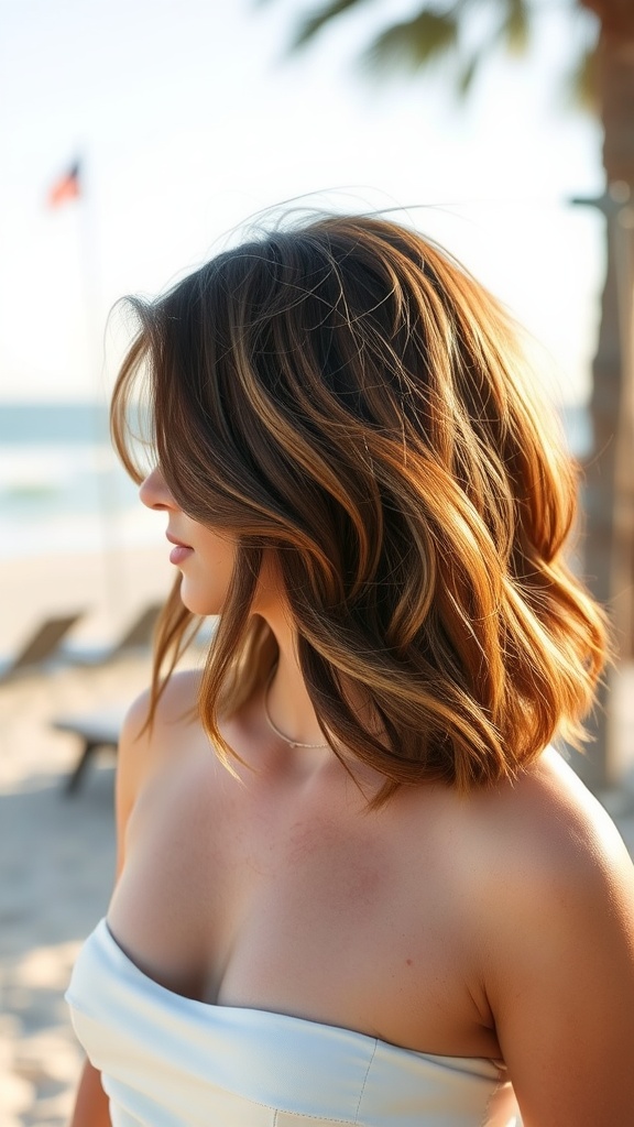A woman with an asymmetrical lob hairstyle, styled with beach waves, standing near the beach.