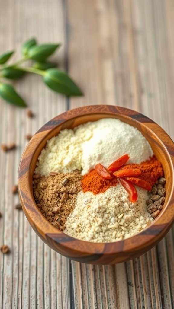 A bowl filled with various spices used in an authentic Mexican spice blend for chicken taquitos.