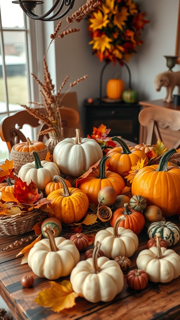 A festive autumn harvest display featuring various pumpkins and colorful leaves on a dining table.