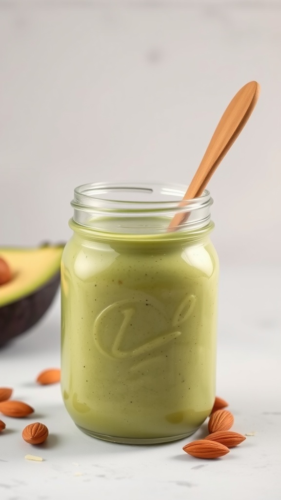 A creamy avocado and almond butter smoothie in a jar with a wooden spoon