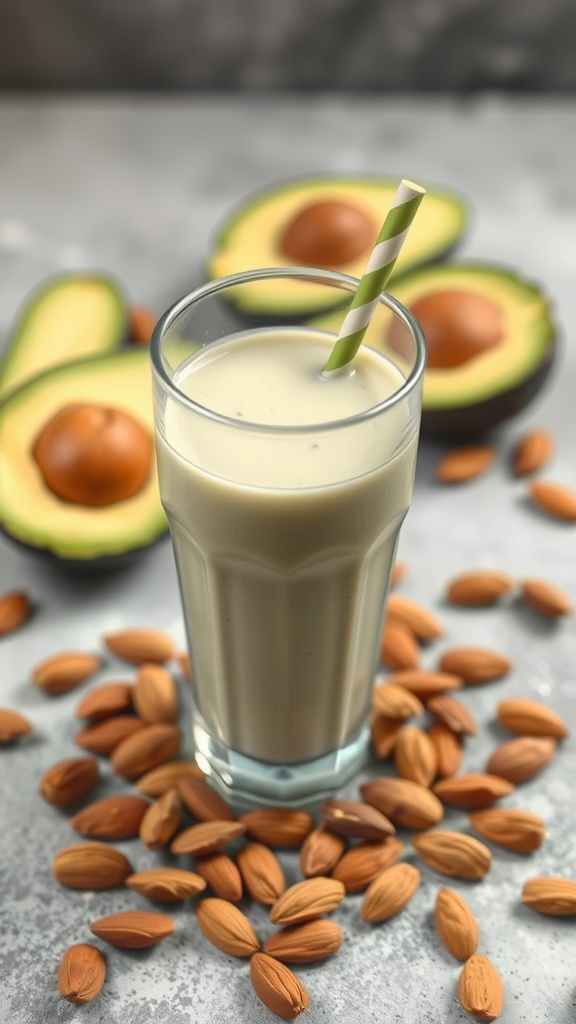 A creamy avocado and almond milk smoothie in a glass with a straw, surrounded by almonds and avocado halves.