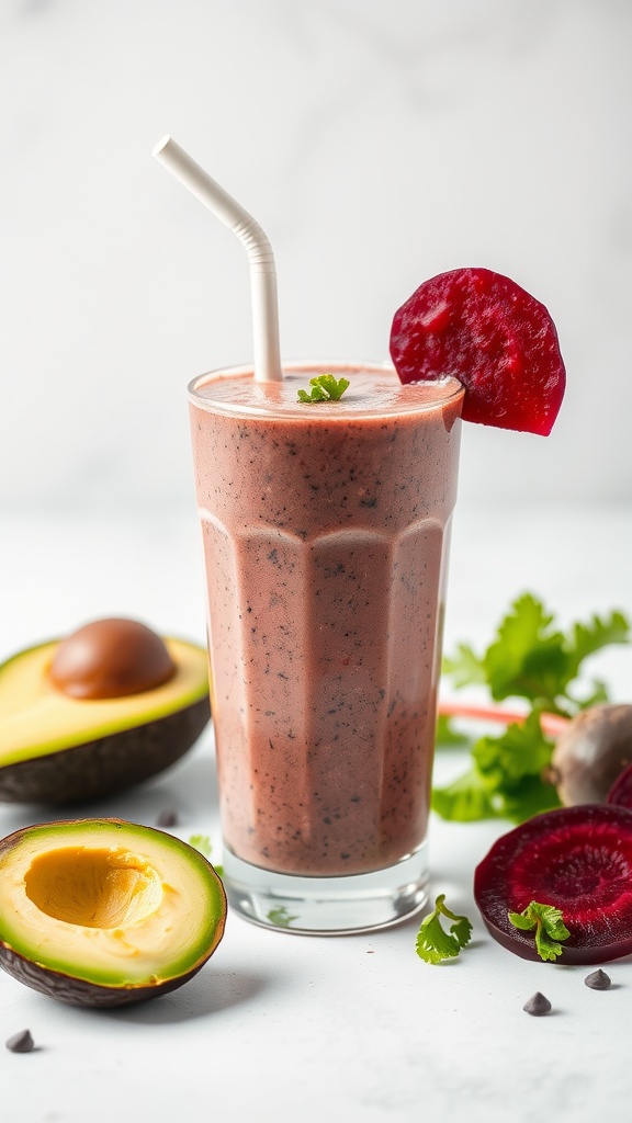 A refreshing avocado and beetroot smoothie served in a glass with a straw.