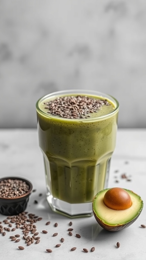 A green avocado and chia seed smoothie in a glass, garnished with chia seeds on top, next to an avocado half.