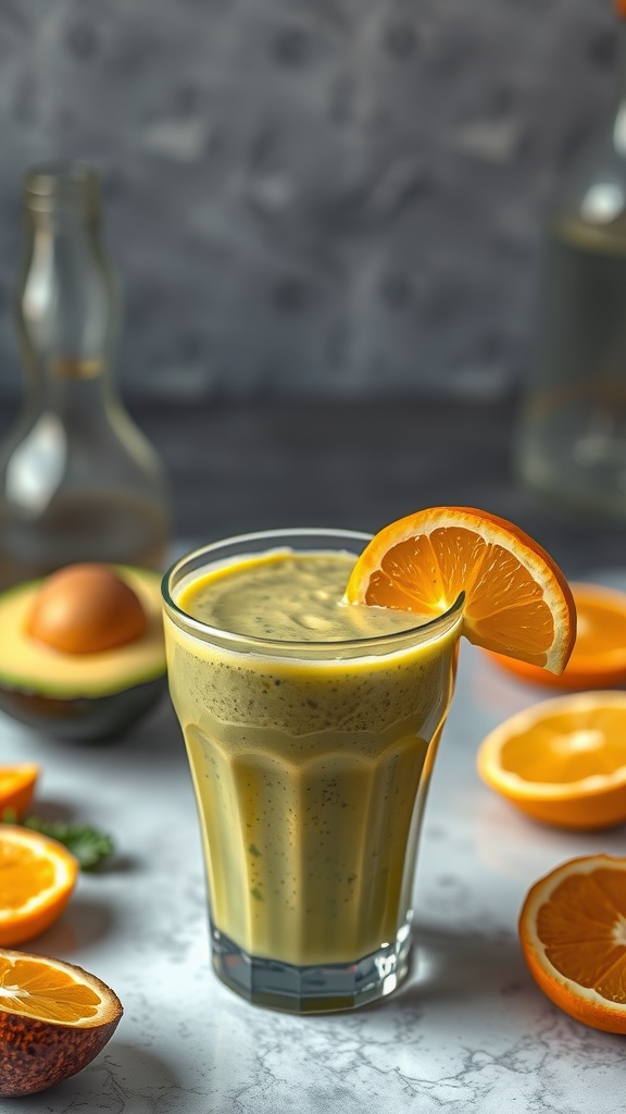 Avocado and Citrus Zest Smoothie in a glass with orange slices