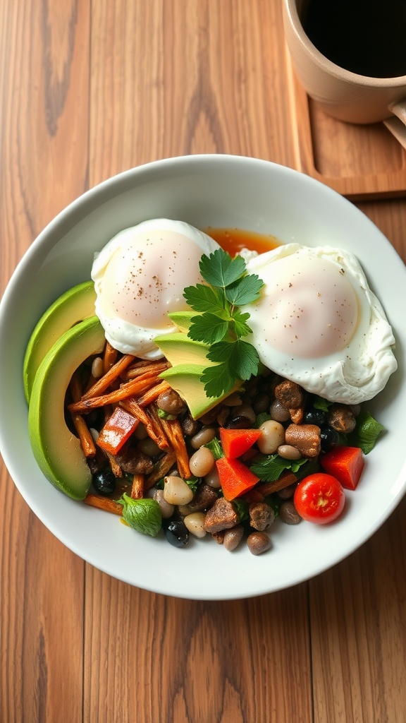 A colorful breakfast bowl with avocado, poached eggs, cherry tomatoes, bell pepper, and black beans.