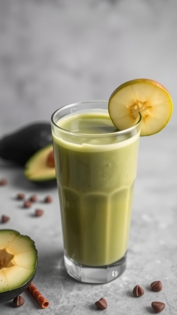 A refreshing avocado and green apple smoothie in a glass with a slice of apple on the rim.