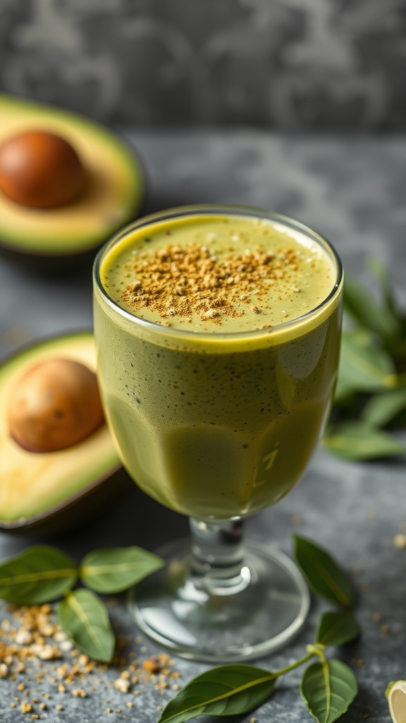 A glass of green avocado and matcha smoothie garnished with spices, next to avocado halves.