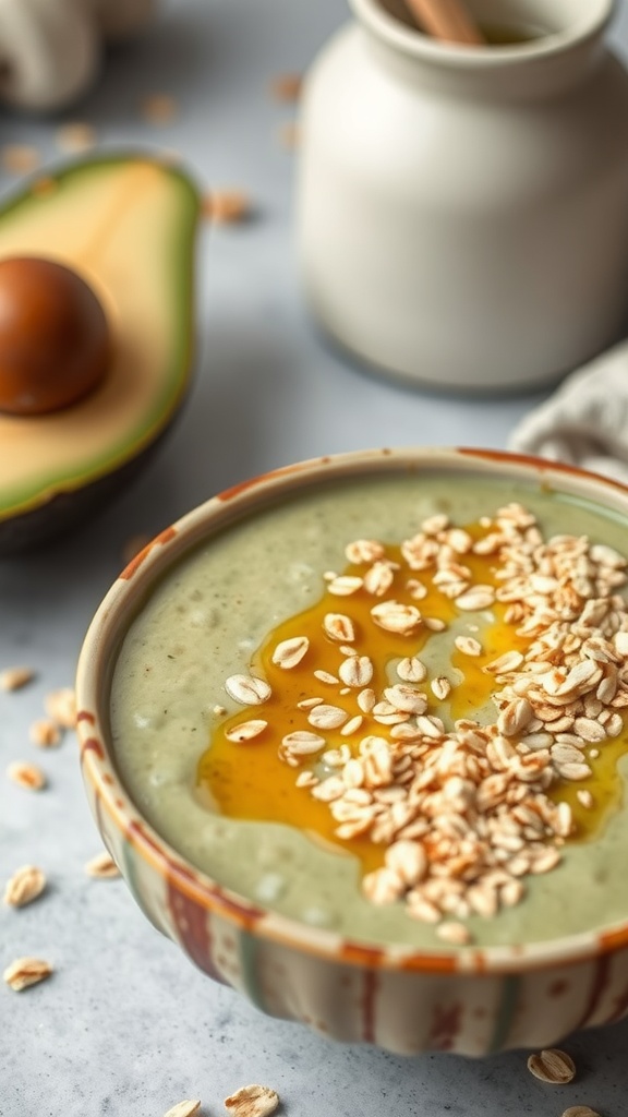 A green smoothie made with avocado and oatmeal, topped with honey and oats.