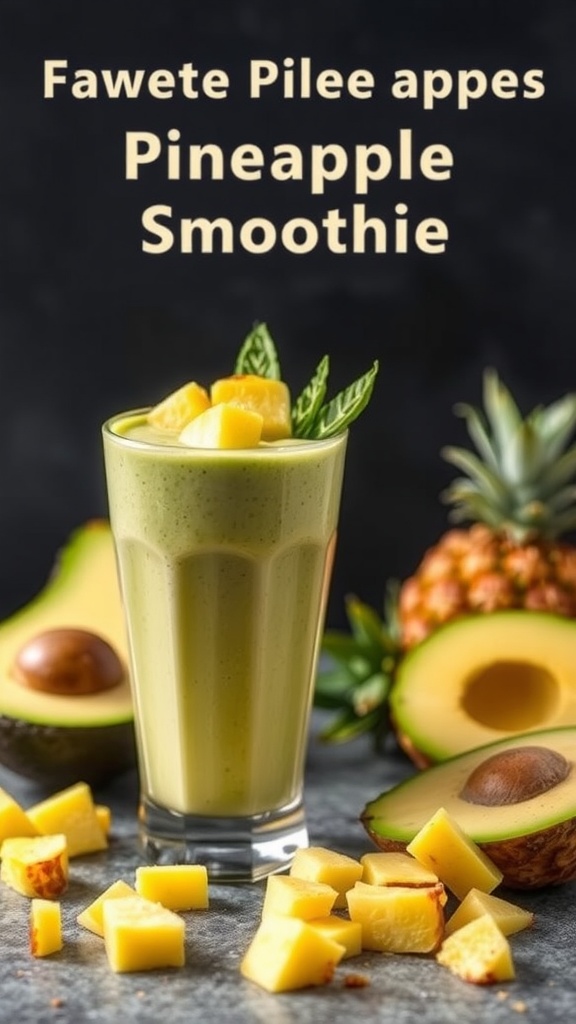 A refreshing avocado and pineapple smoothie in a glass with chunks of avocado and pineapple around it.