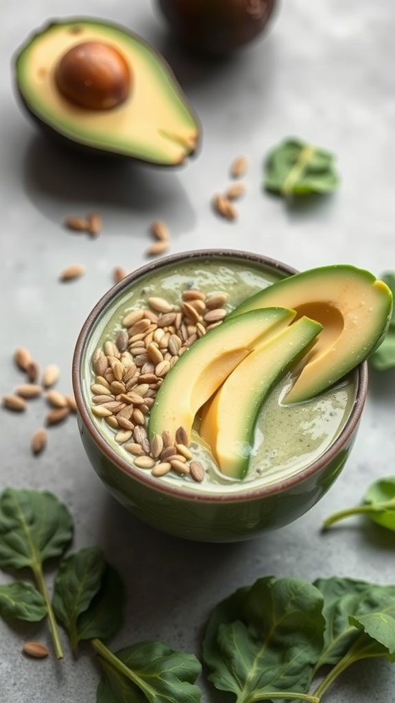 A green smoothie made with avocado, spinach, and topped with seeds.