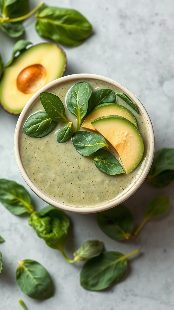A creamy green smoothie topped with avocado slices and spinach leaves, showcasing a healthy and nutritious liver detox drink.