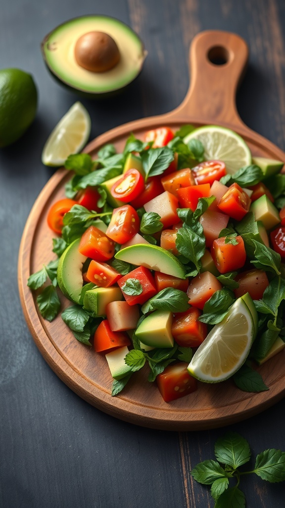 A vibrant avocado and tomato salad with lime, garnished with herbs