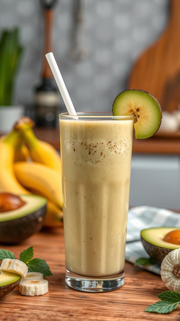 A creamy avocado banana smoothie garnished with a slice of banana, surrounded by fresh bananas and avocado halves.
