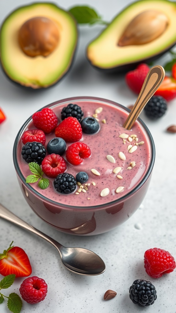 A bowl of Avocado Berry Fusion smoothie topped with berries and mint