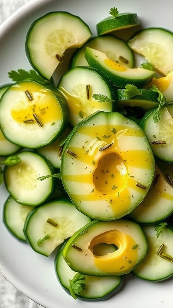A fresh avocado cucumber salad with green cilantro and lime dressing.