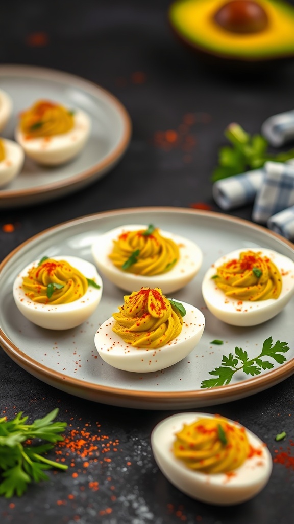 Plate of avocado deviled eggs garnished with paprika and cilantro.