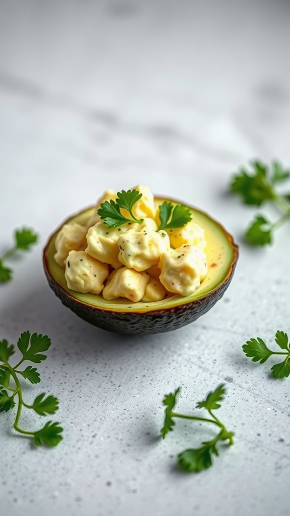 A bowl of avocado egg salad garnished with cilantro.