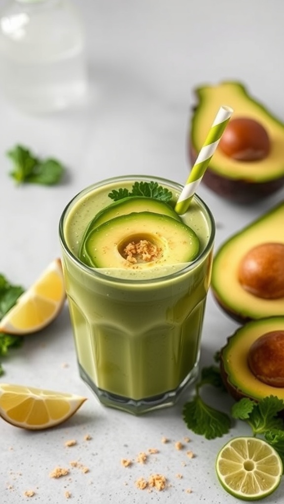 A green smoothie in a glass, topped with avocado and garnished with lime and cilantro.