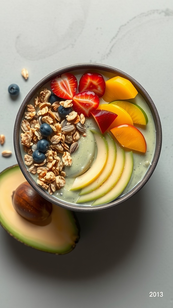 A vibrant avocado mango smoothie bowl topped with fruits and granola.