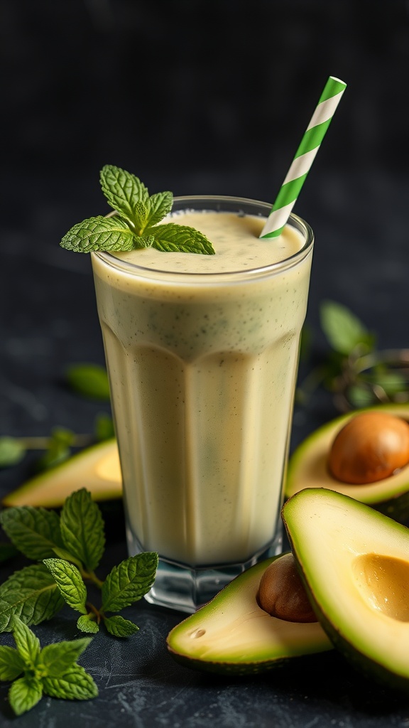 A refreshing avocado mint smoothie in a glass with a striped straw.