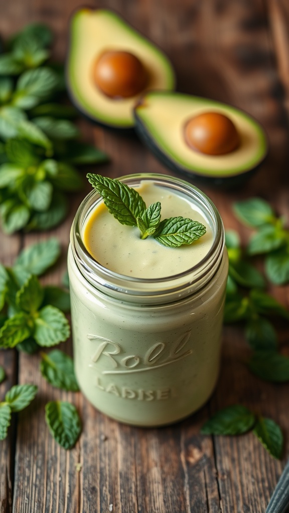A refreshing Avocado Mint Smoothie in a glass, garnished with mint leaves.
