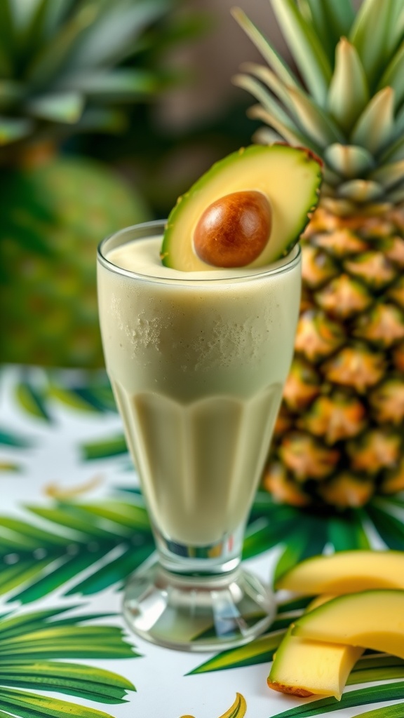 A refreshing avocado pineapple smoothie in a glass, garnished with an avocado slice and surrounded by fresh pineapples.