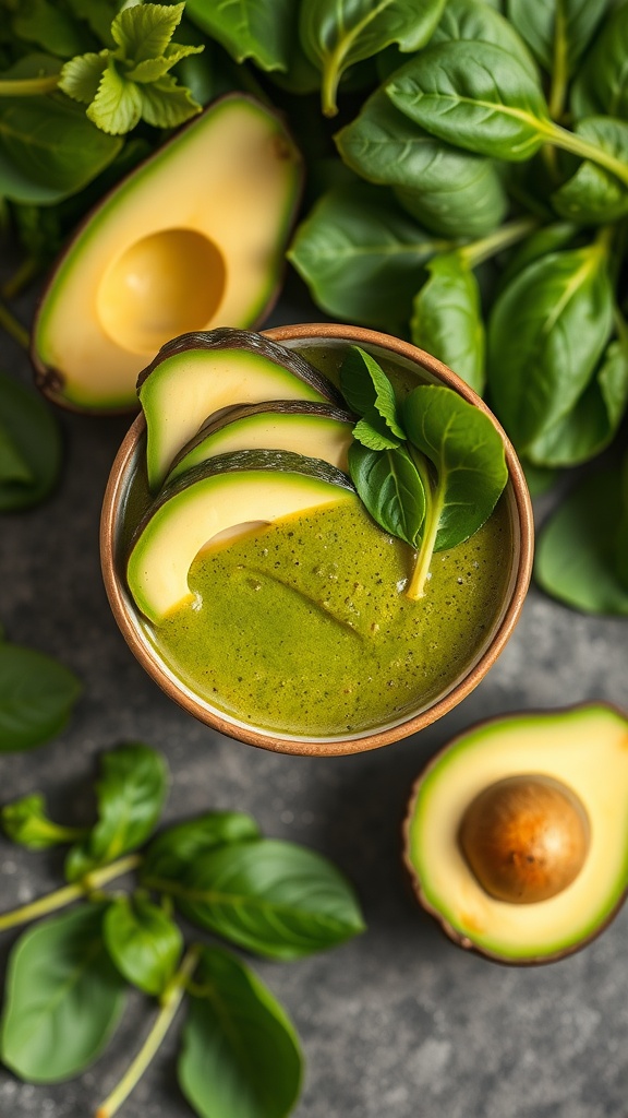 A green smoothie topped with avocado slices, surrounded by fresh spinach leaves.