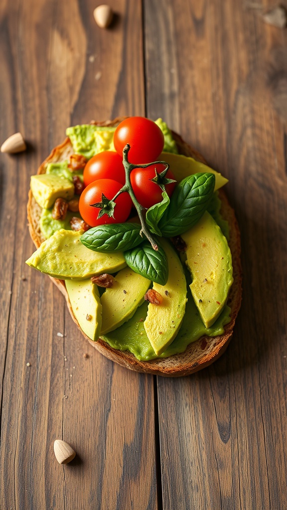 A slice of avocado toast topped with cherry tomatoes and basil on a wooden background.