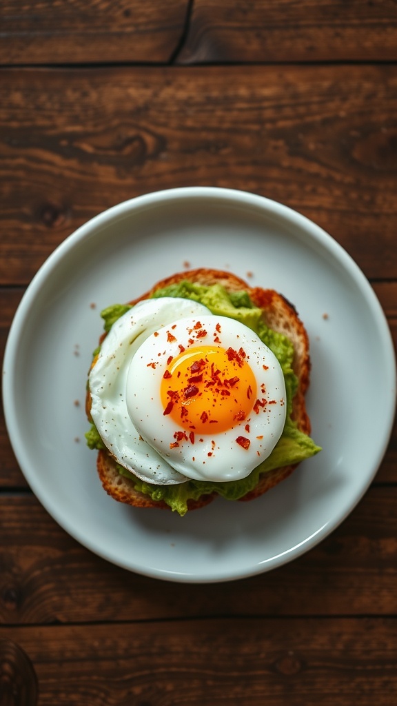 A plate of avocado toast topped with a poached egg and chili flakes