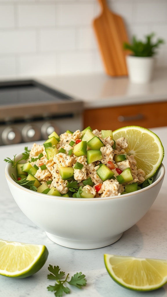 A bowl of avocado tuna salad with diced vegetables and lime wedges.