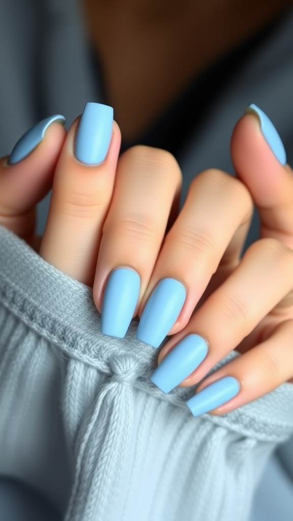 Close-up of hands with baby blue matte finish nails