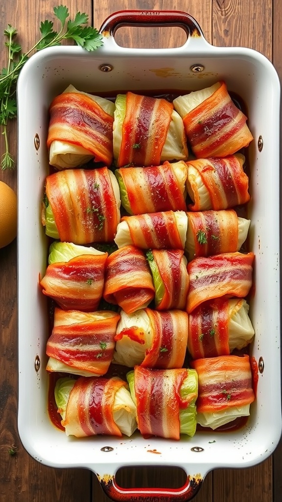 Bacon-wrapped cabbage rolls in a baking dish
