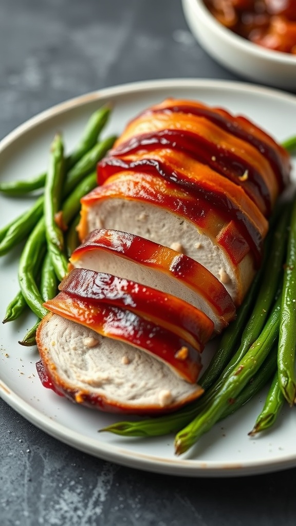 A plate of bacon-wrapped pork tenderloin served with green beans.