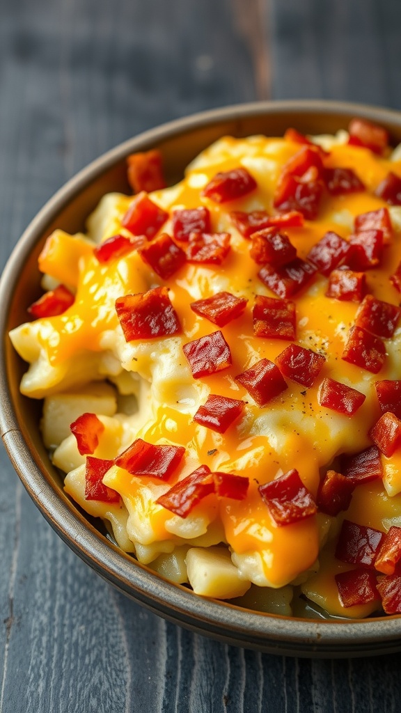 A bowl of creamy scalloped potatoes topped with melted cheese and crispy bacon.