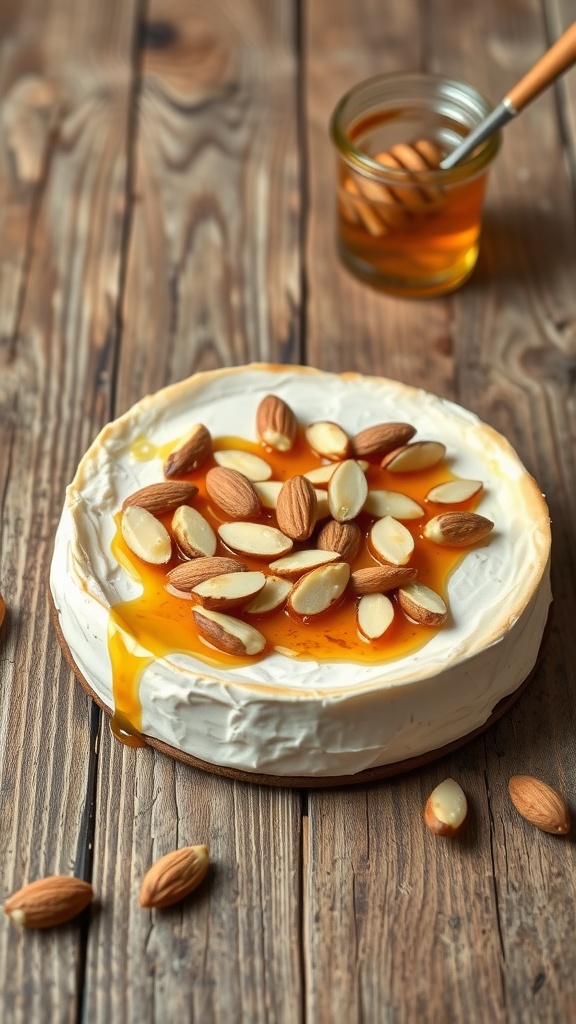 Baked Brie with almonds topped with honey on a wooden table.