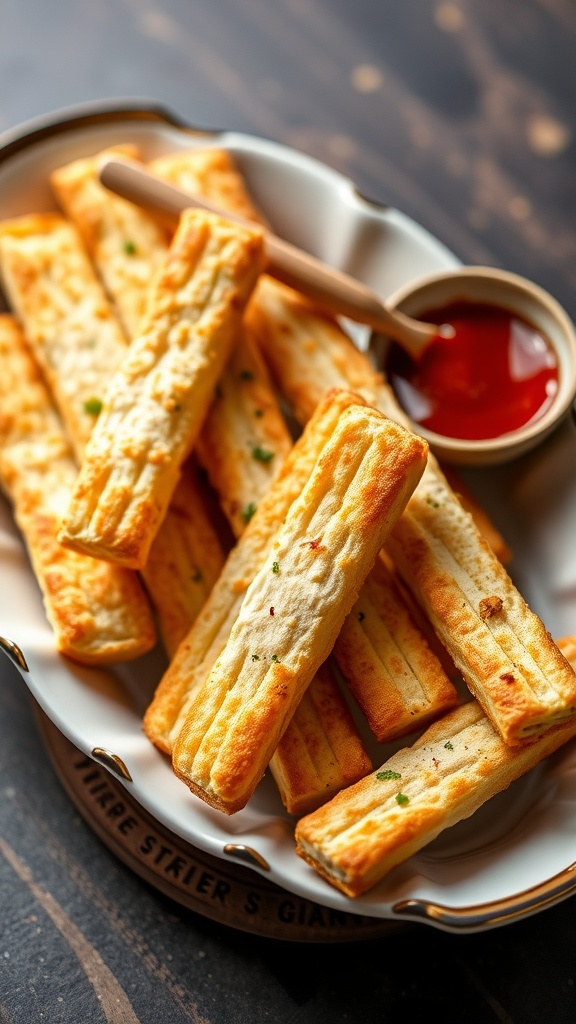 A plate of baked cream cheese sticks served with a dipping sauce
