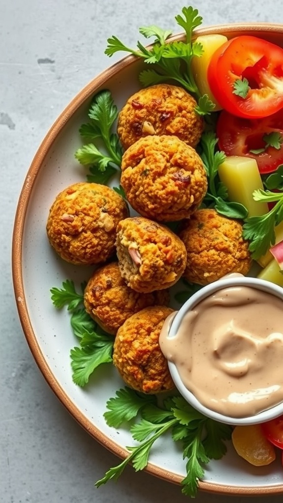 Baked falafel served with tahini sauce and fresh vegetables.