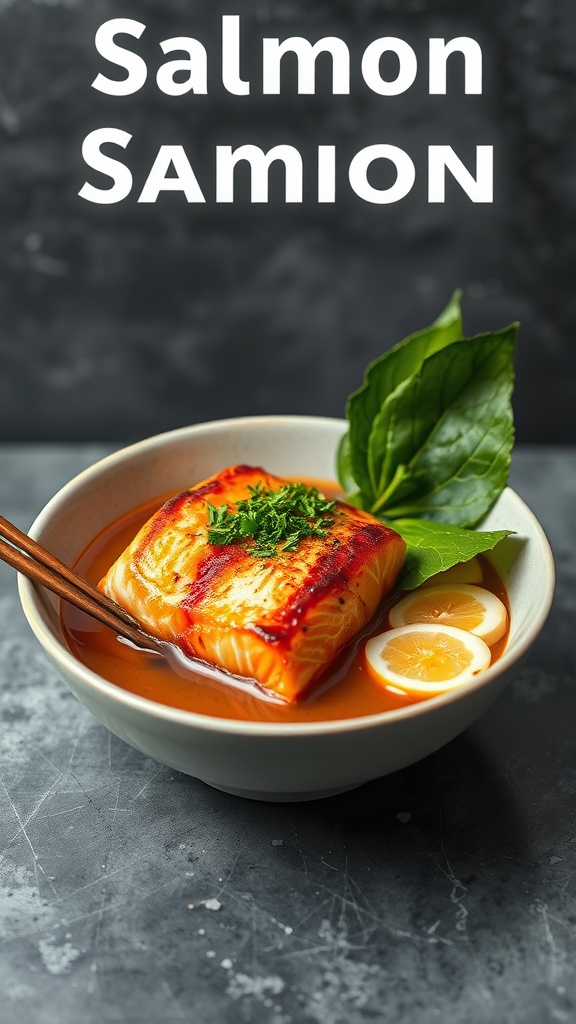 A bowl of baked salmon ramen with miso glaze, garnished with spinach and lemon.