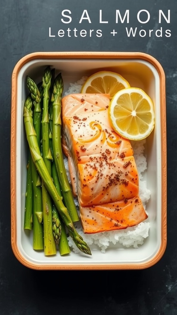 Bento box with baked salmon, asparagus, and lemon slices