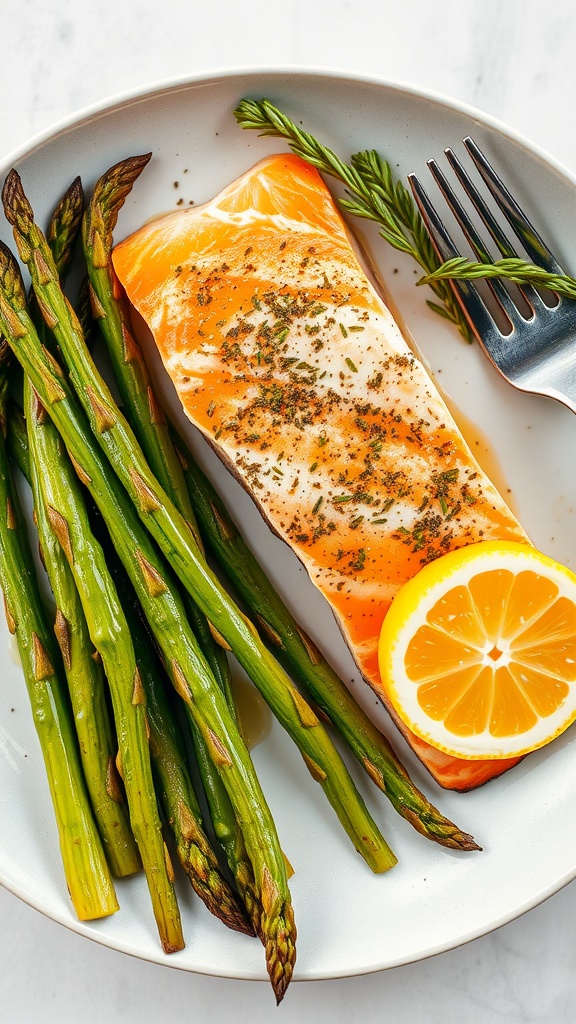 A plate of baked salmon with asparagus and a lemon slice.
