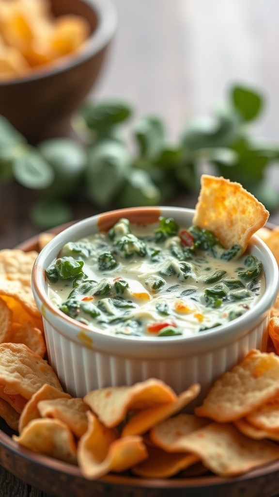 Baked Spinach and Cheese Dip served with crispy chips