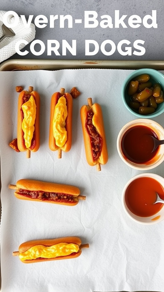 Oven-baked corn dogs with various toppings and dipping sauces on a tray.