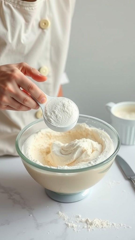 A baker measuring flour into a bowl for an Oreo cake recipe.