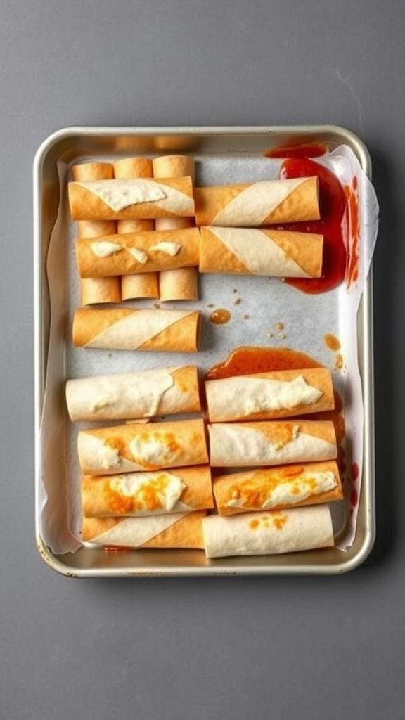 A tray of chicken taquitos ready for baking or frying.