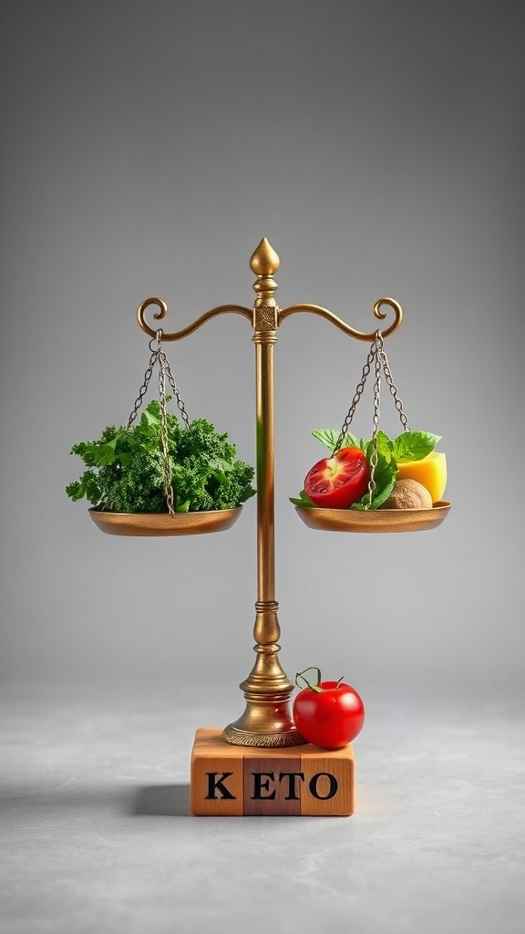 A balanced display of keto ingredients like kale, cherry tomatoes, and olives