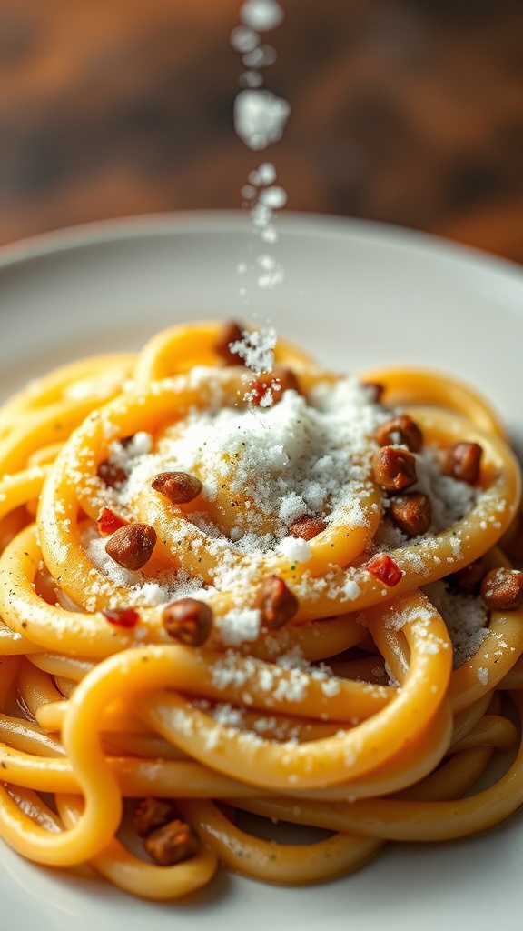 Plate of pasta carbonara with cheese and crispy pancetta