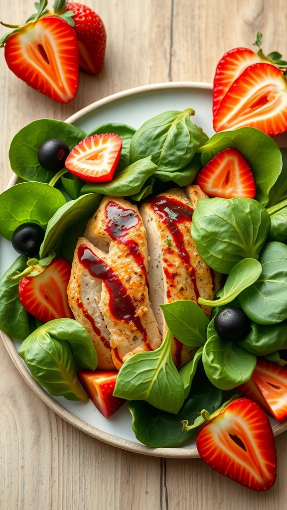 A delicious Balsamic Chicken and Spinach Salad with strawberries and olives.
