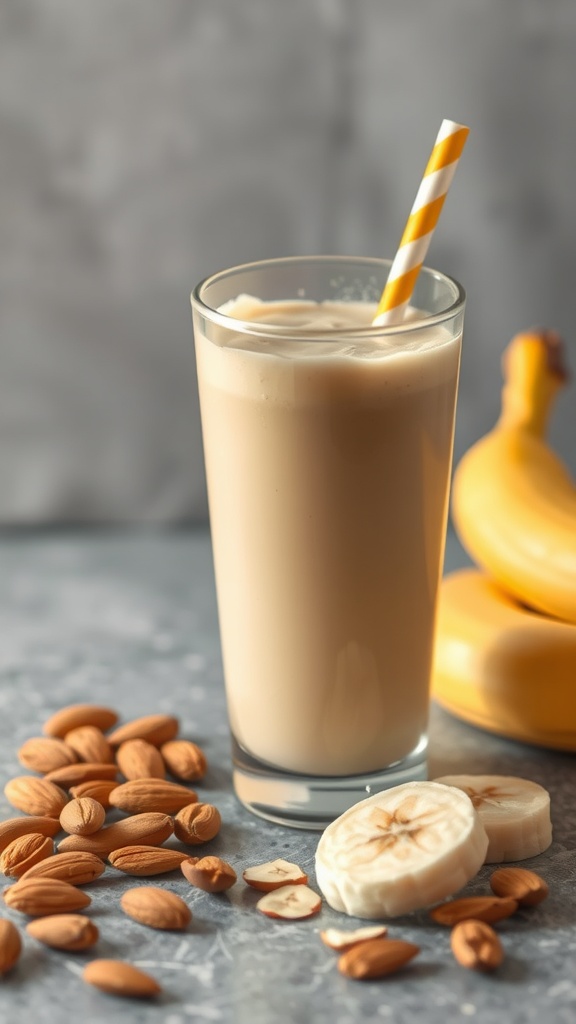 Banana Almond Energy Boost smoothie with bananas and almonds nearby.