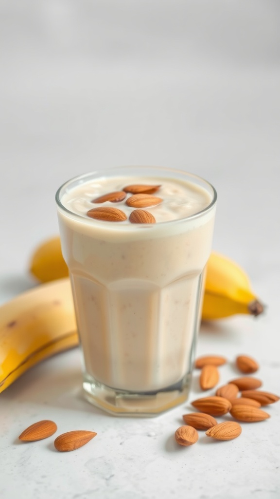 Banana Almond Protein Smoothie in a glass with almonds and bananas